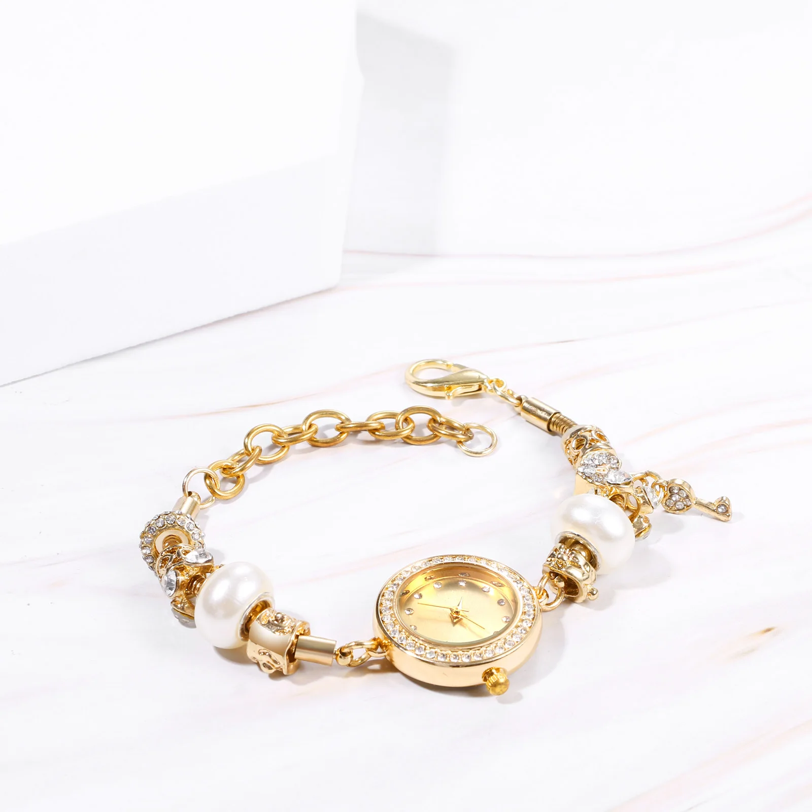 Lancardo Women's beaded bracelet Gold Watch Shiny Diamond Key Pendant Adjustable watch Women's Fashion Exquisite jewelry