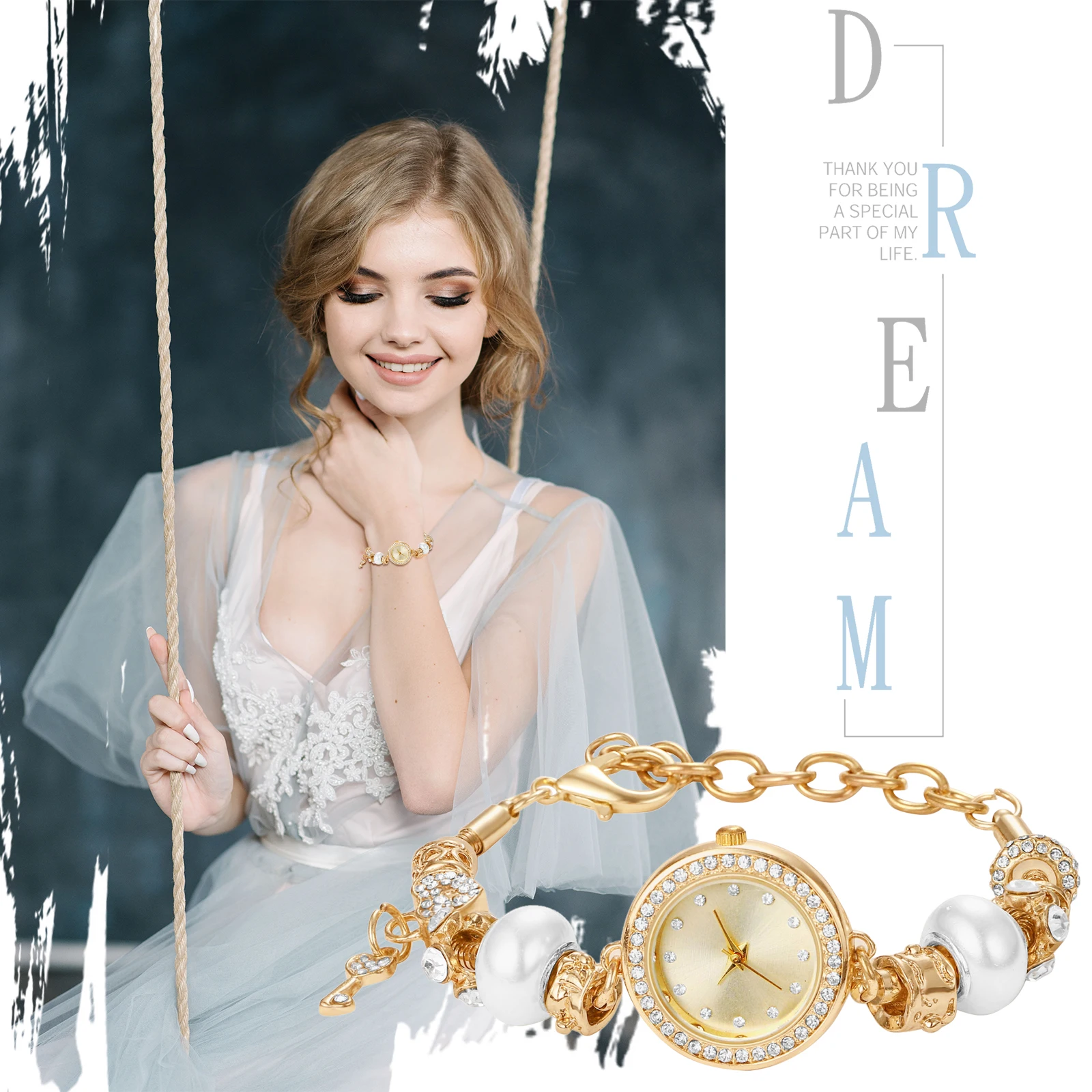 Lancardo Women's beaded bracelet Gold Watch Shiny Diamond Key Pendant Adjustable watch Women's Fashion Exquisite jewelry