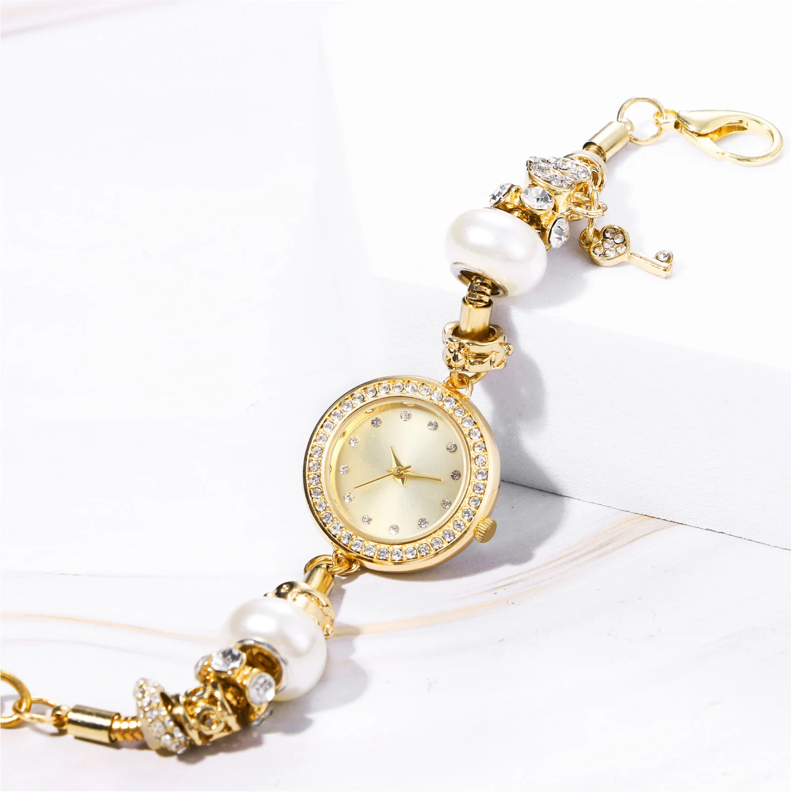 Lancardo Women's beaded bracelet Gold Watch Shiny Diamond Key Pendant Adjustable watch Women's Fashion Exquisite jewelry