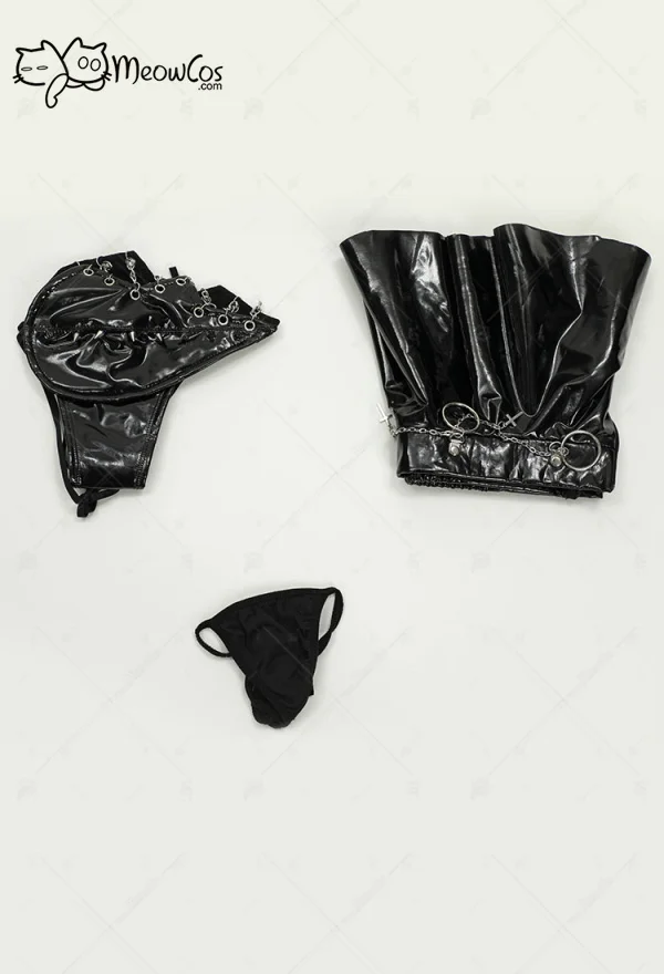 Meowcos Women Broken Heart Gothic Lingerie Set Black Sexy Halter and Skirt Set Cosplay Costumes for Halloween