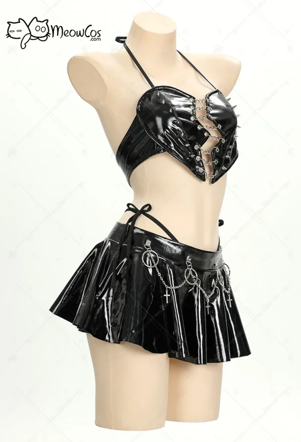 Meowcos Women Broken Heart Gothic Lingerie Set Black Sexy Halter and Skirt Set Cosplay Costumes for Halloween