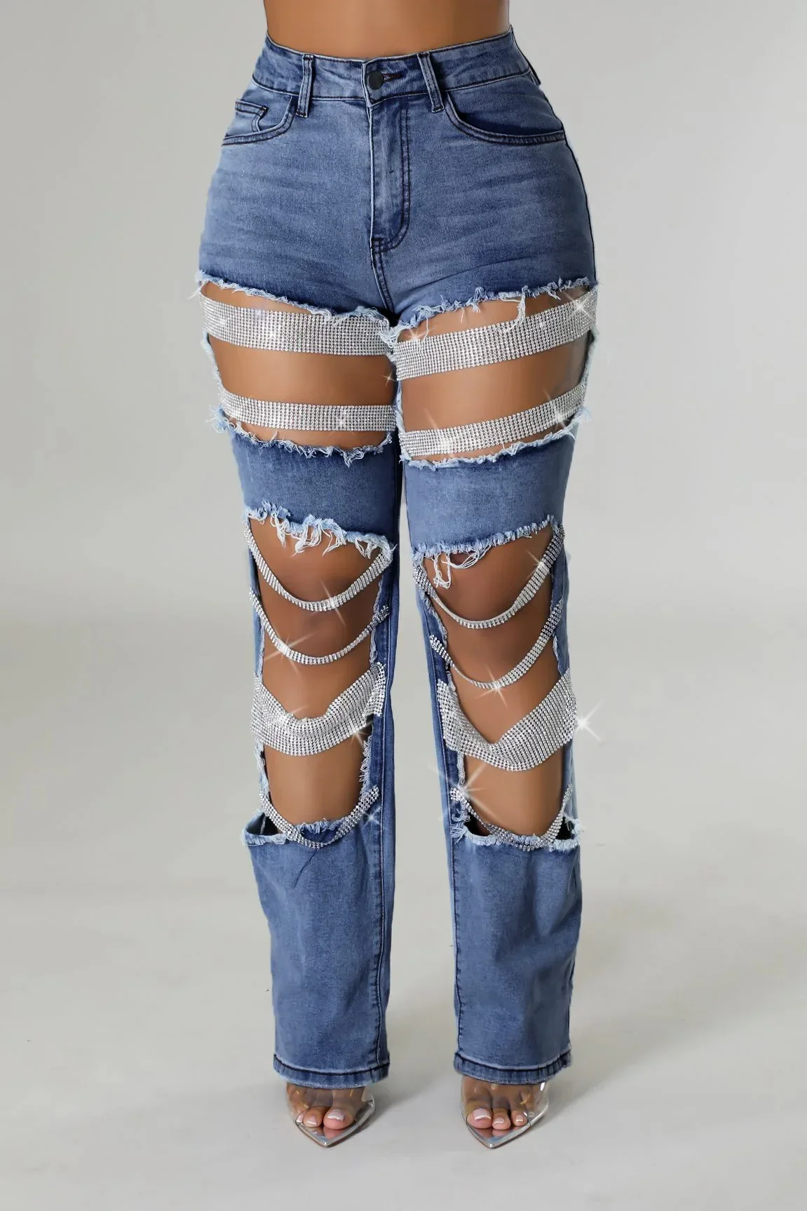 Women Fashion Pearl Beading Ripped Hollow Out Tassel Wide Leg Jeans 2026 New Summer INS Street Denim Pants Trousers