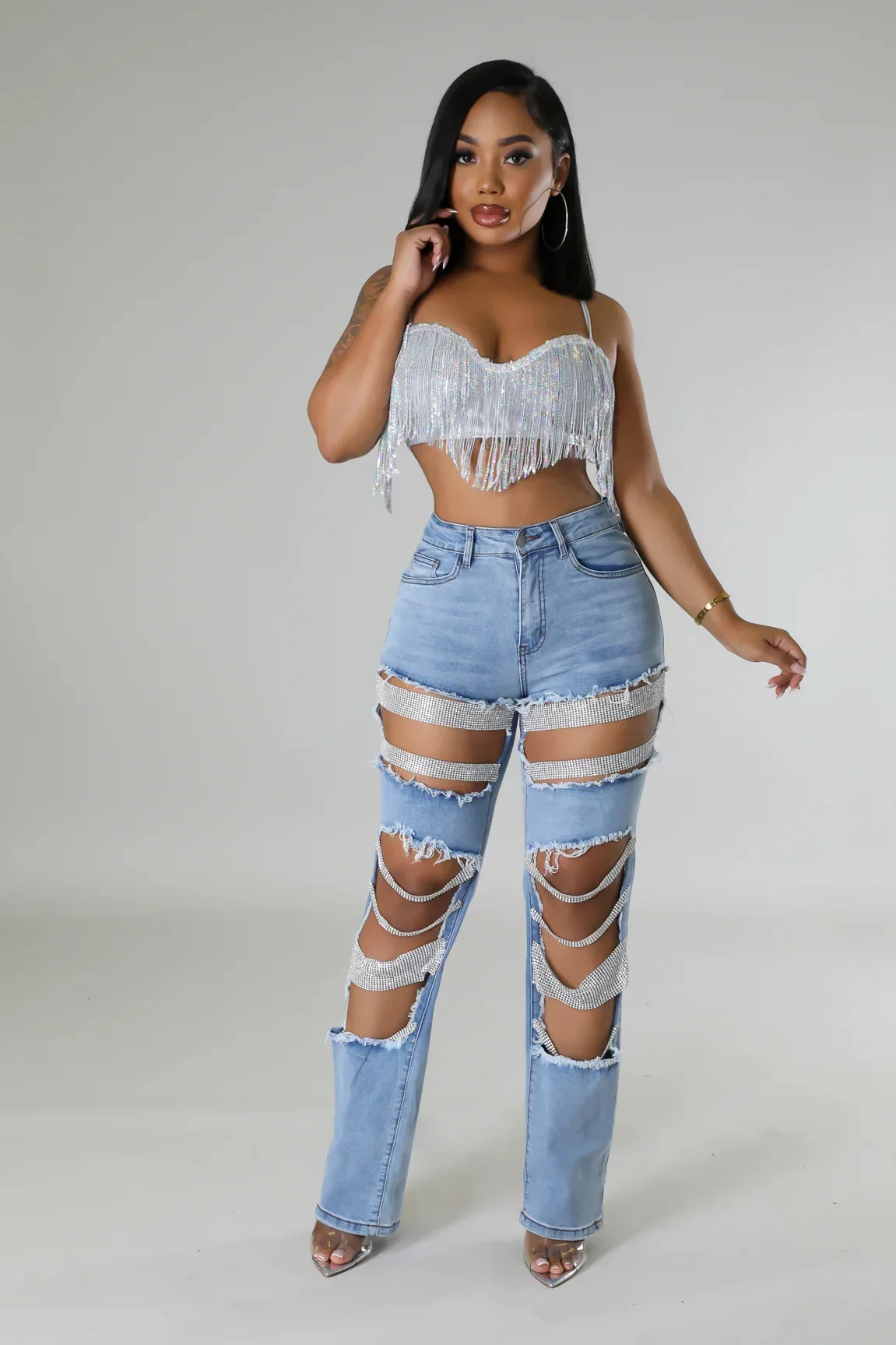 Women Fashion Pearl Beading Ripped Hollow Out Tassel Wide Leg Jeans 2026 New Summer INS Street Denim Pants Trousers