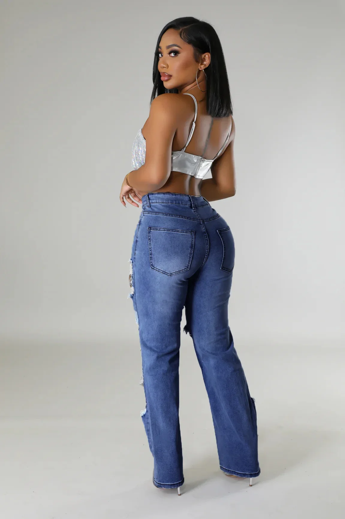 Women Fashion Pearl Beading Ripped Hollow Out Tassel Wide Leg Jeans 2026 New Summer INS Street Denim Pants Trousers