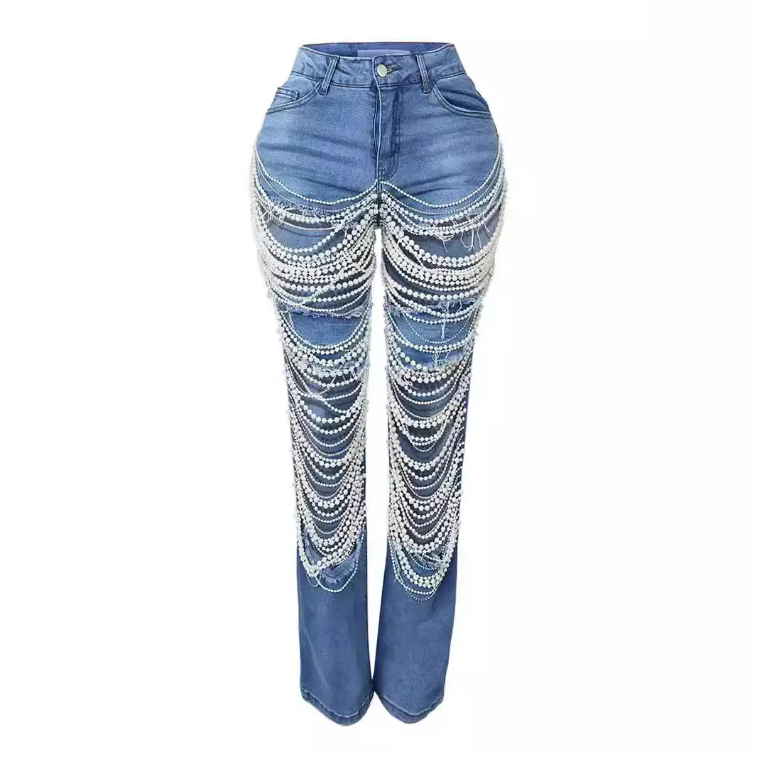 Women Fashion Pearl Beading Ripped Hollow Out Tassel Wide Leg Jeans 2026 New Summer INS Street Denim Pants Trousers