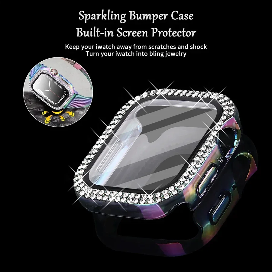 Diamond Bling Cover For Apple watch Case 45mm 41mm 38mm 42mm 44mm 40mm HD Tempered Glass+Bumper Screen Protector Accessories