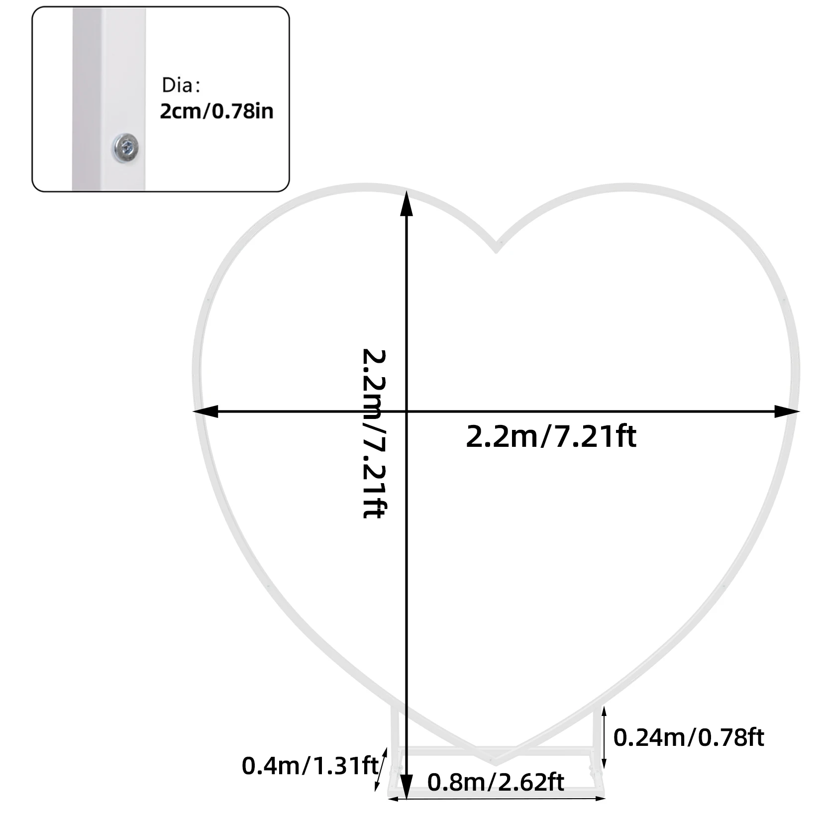 Heart Shape Wedding Arch Stand with Base, Heavy Duty Metal Flower Balloon Frame, Backdrop Stand for Party, 7.2FT