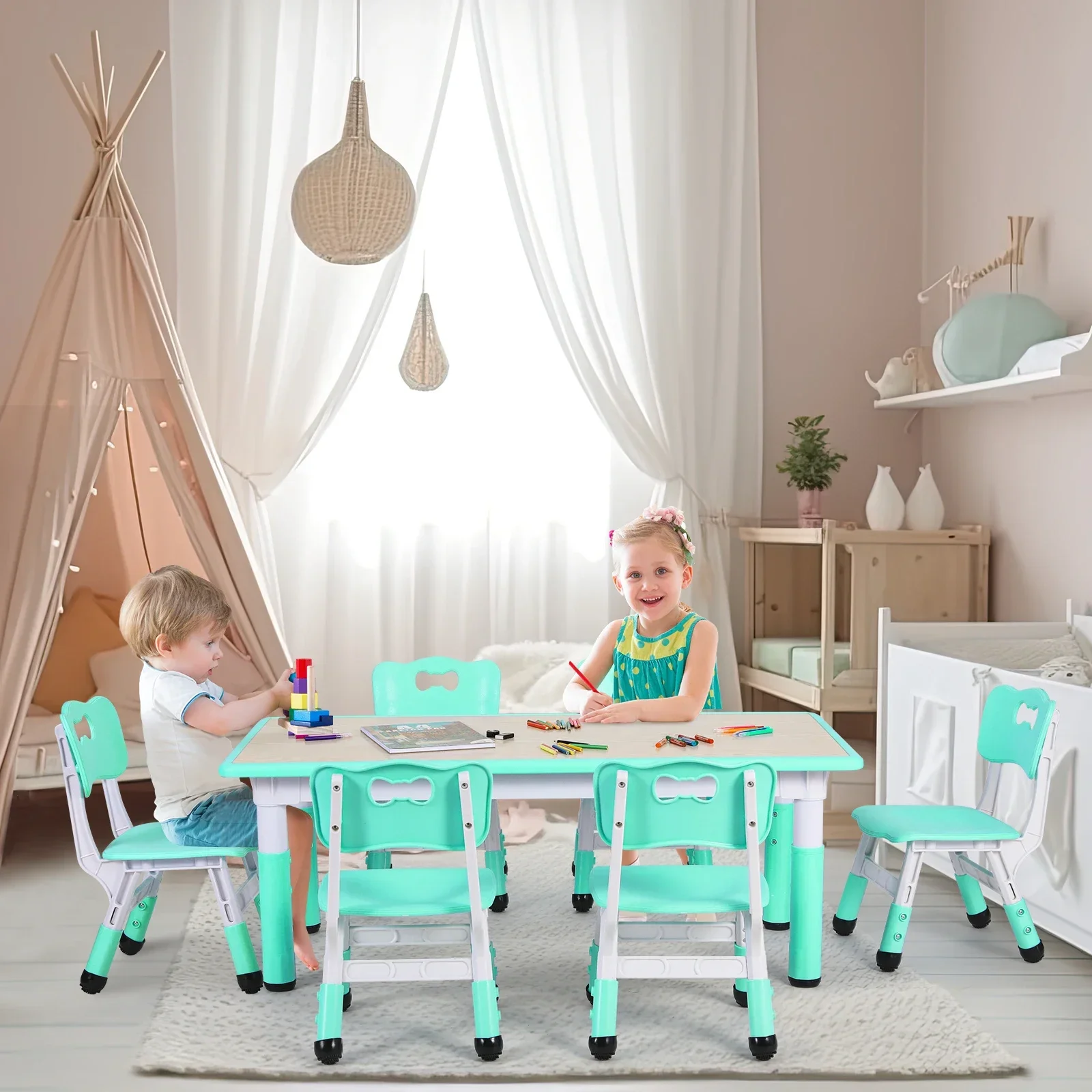 Kids Table and 6 Chairs Set Height Adjustable Toddler Multi-Activity Table Set Study Children's Table and Chair Set