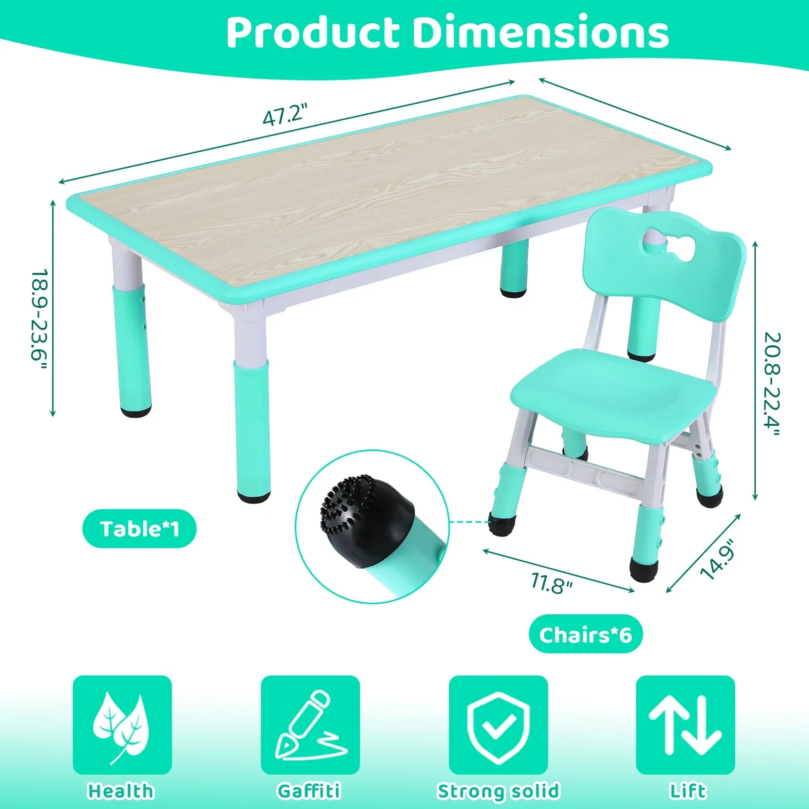 Kids Table and 6 Chairs Set Height Adjustable Toddler Multi-Activity Table Set Study Children's Table and Chair Set