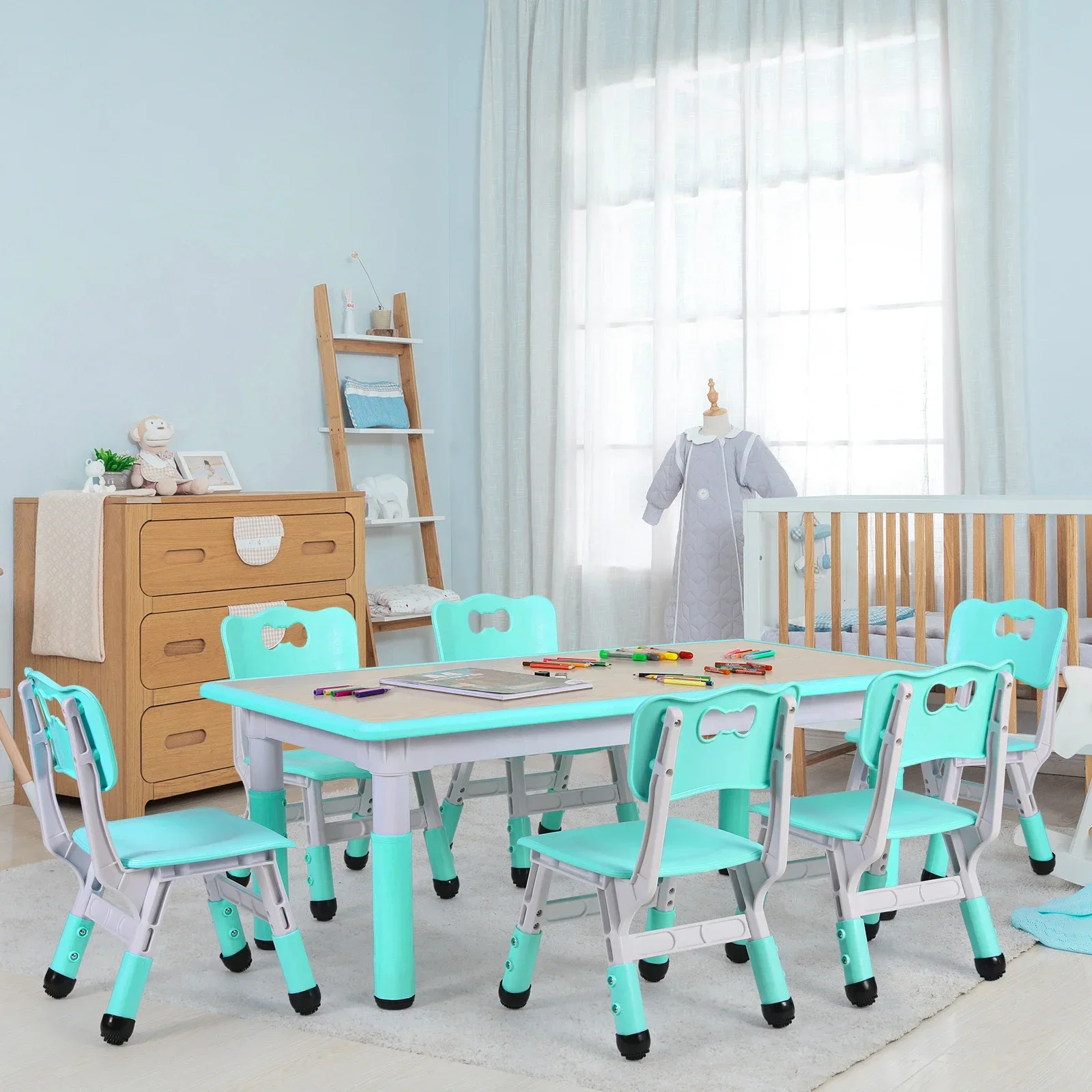 Kids Table and 6 Chairs Set Height Adjustable Toddler Multi-Activity Table Set Study Children's Table and Chair Set