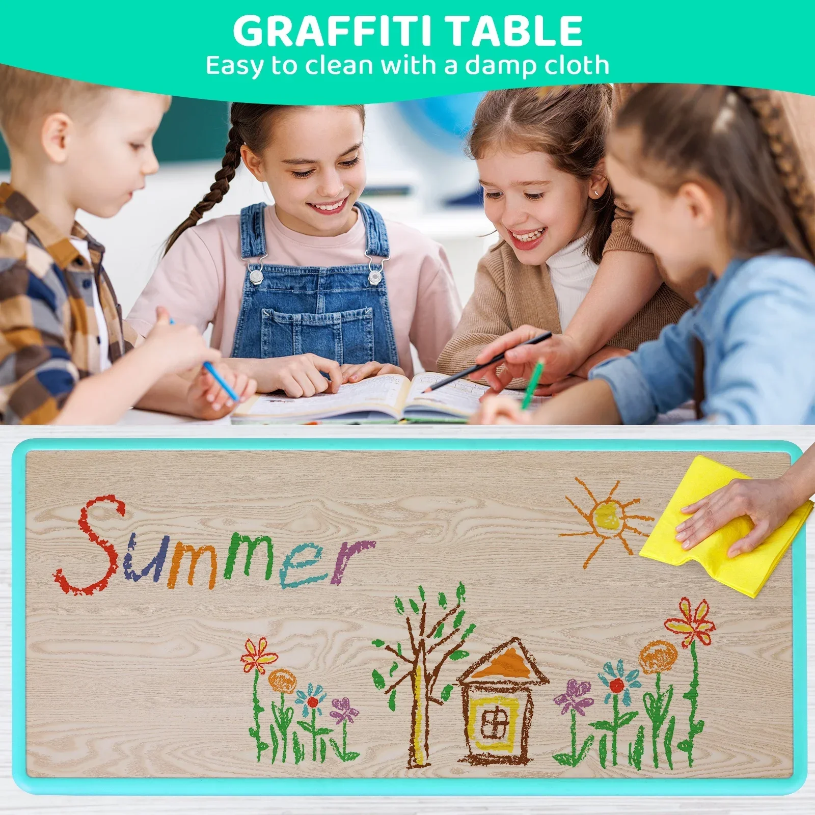 Kids Table and 6 Chairs Set Height Adjustable Toddler Multi-Activity Table Set Study Children's Table and Chair Set