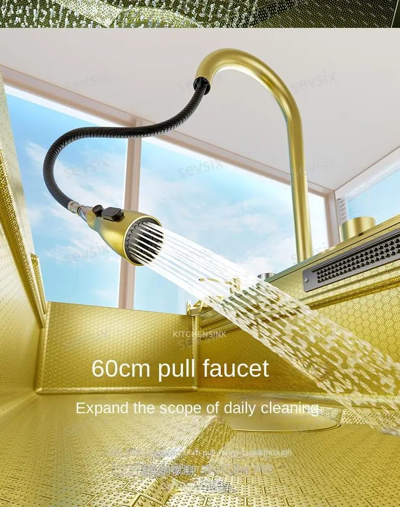 fregaderos de cocina Gold golden 5mm Waterfall Kitchen Sink Honeycomb Technology Large Digitial Display Stainless Steel Sink