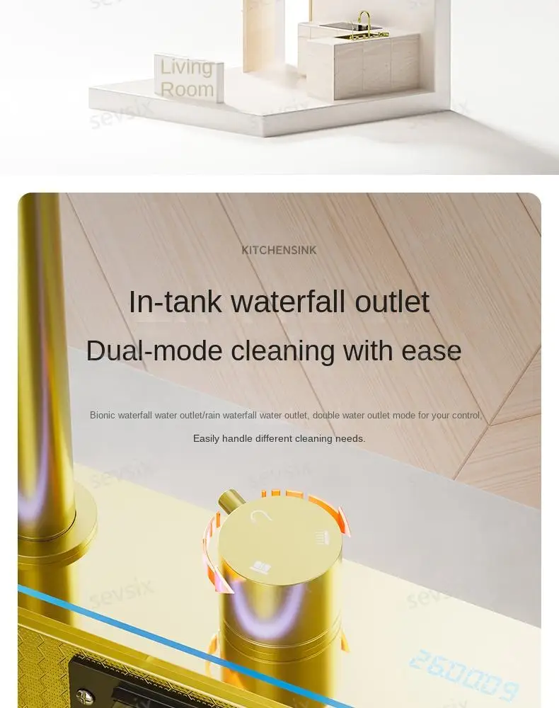 fregaderos de cocina Gold golden 5mm Waterfall Kitchen Sink Honeycomb Technology Large Digitial Display Stainless Steel Sink