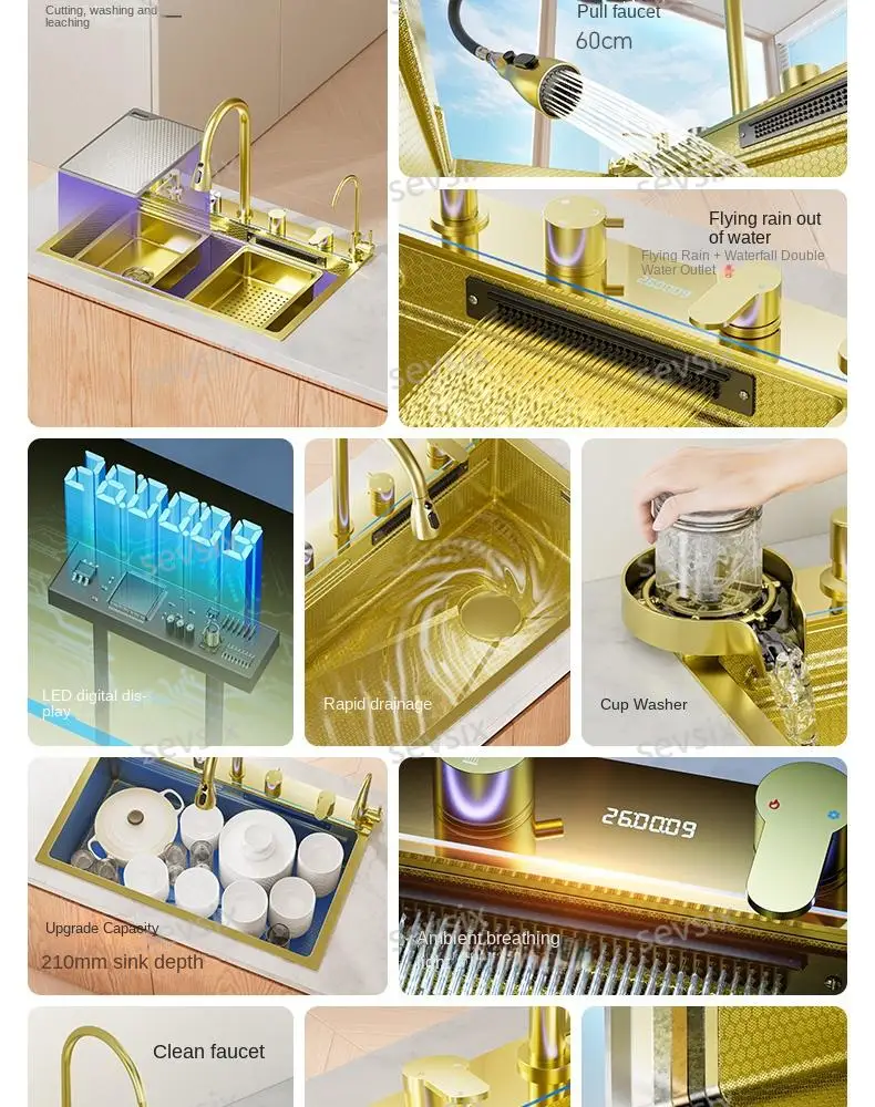 fregaderos de cocina Gold golden 5mm Waterfall Kitchen Sink Honeycomb Technology Large Digitial Display Stainless Steel Sink