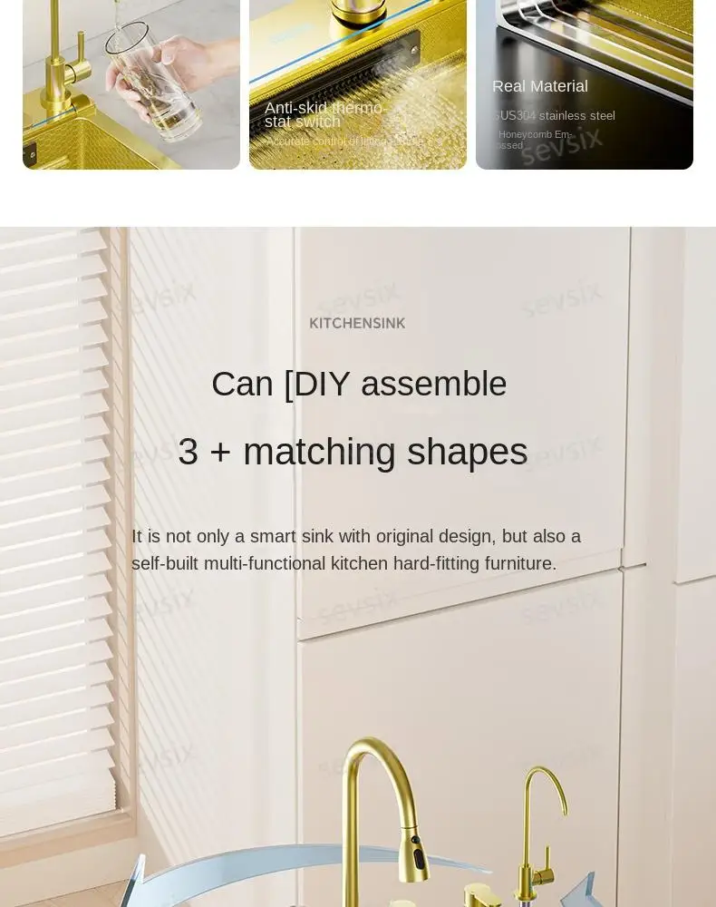 fregaderos de cocina Gold golden 5mm Waterfall Kitchen Sink Honeycomb Technology Large Digitial Display Stainless Steel Sink