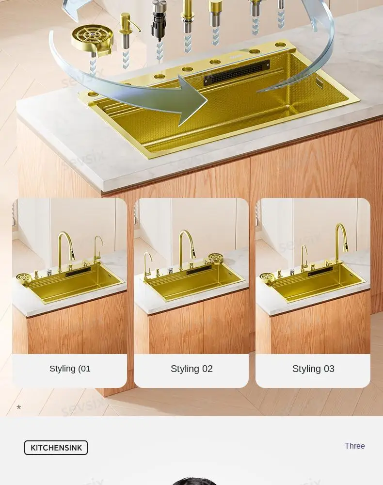 fregaderos de cocina Gold golden 5mm Waterfall Kitchen Sink Honeycomb Technology Large Digitial Display Stainless Steel Sink