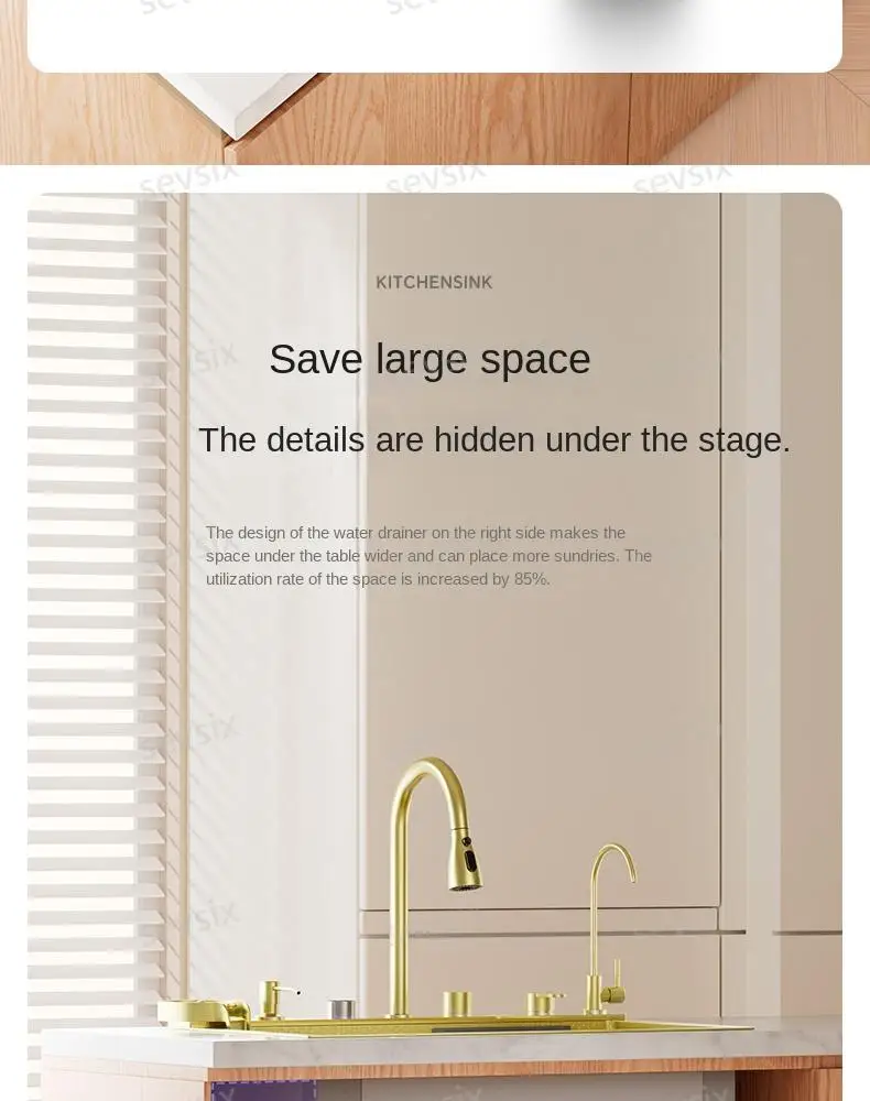 fregaderos de cocina Gold golden 5mm Waterfall Kitchen Sink Honeycomb Technology Large Digitial Display Stainless Steel Sink