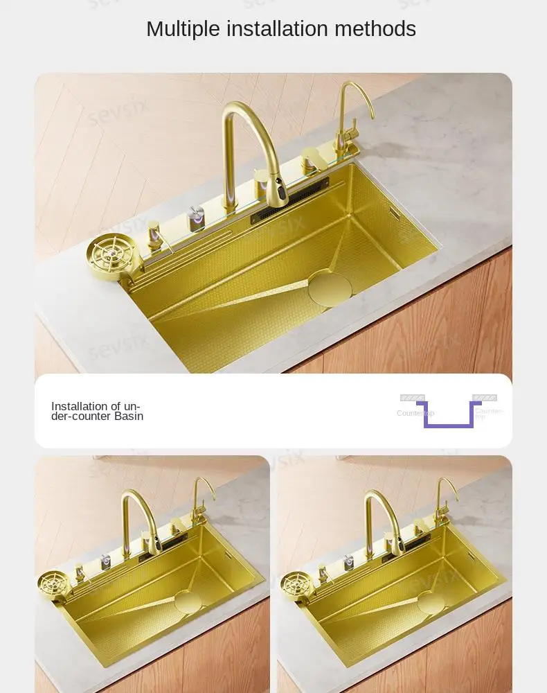 fregaderos de cocina Gold golden 5mm Waterfall Kitchen Sink Honeycomb Technology Large Digitial Display Stainless Steel Sink