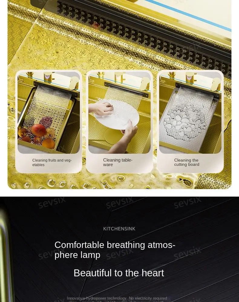 fregaderos de cocina Gold golden 5mm Waterfall Kitchen Sink Honeycomb Technology Large Digitial Display Stainless Steel Sink