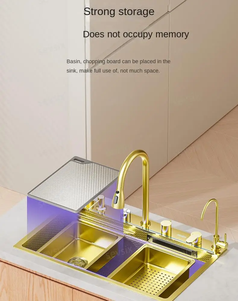 fregaderos de cocina Gold golden 5mm Waterfall Kitchen Sink Honeycomb Technology Large Digitial Display Stainless Steel Sink