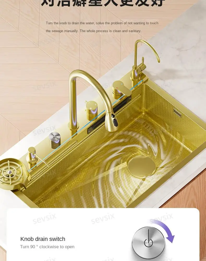 fregaderos de cocina Gold golden 5mm Waterfall Kitchen Sink Honeycomb Technology Large Digitial Display Stainless Steel Sink