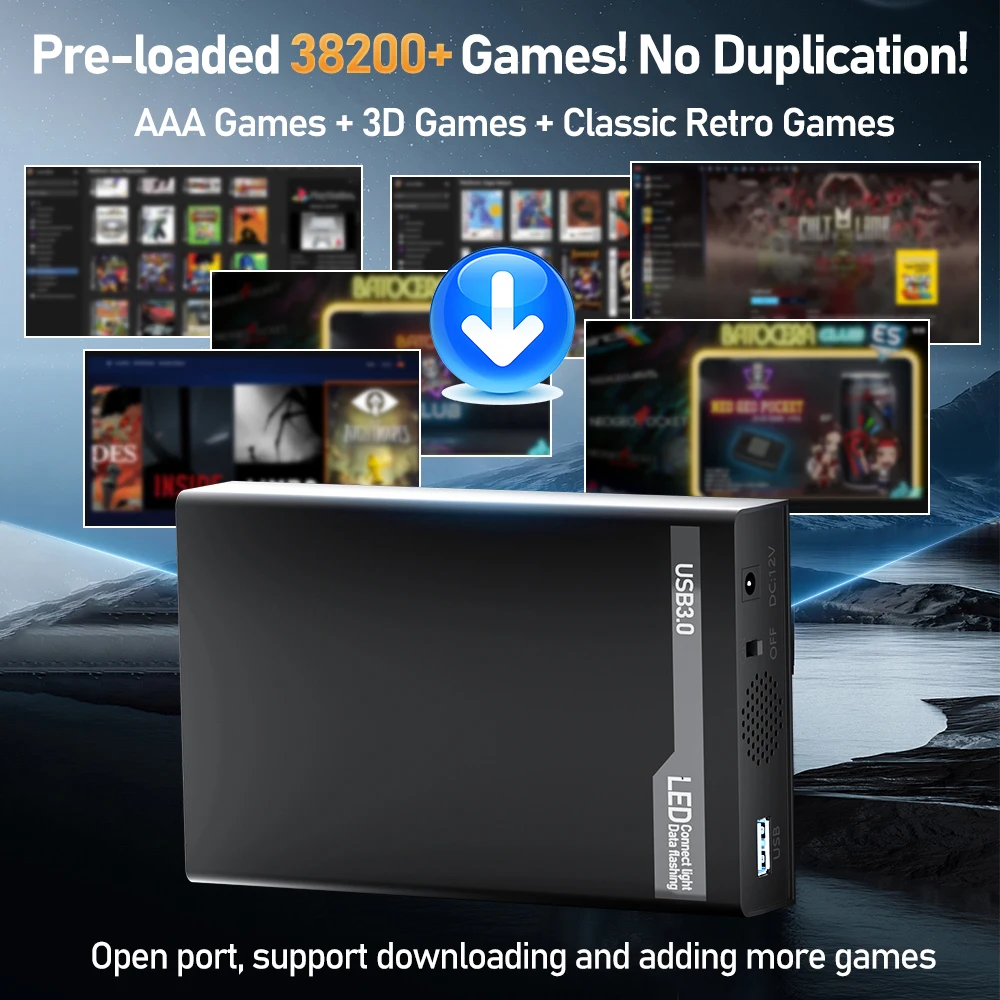 500G Retro Gaming HDD Video Game Console Retrobat&Playnite&Launchbox OS for XBOX/PS3/PS2/Switch/Wii/WiiU/DC/NES with 38200+Games