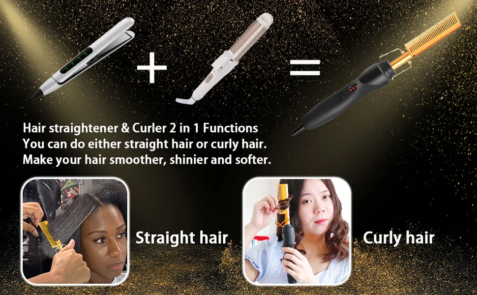 Goiple Electric Hot Comb Hair Straightenerm Curling Iron for Natural Black Hair Wigs Pressing Combs with Wig Glue Hair Wax Stick