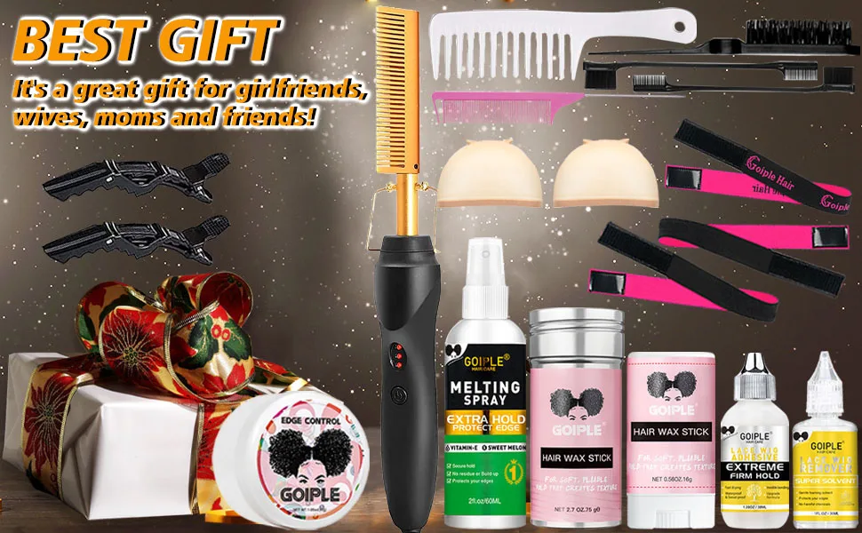 Goiple Electric Hot Comb Hair Straightenerm Curling Iron for Natural Black Hair Wigs Pressing Combs with Wig Glue Hair Wax Stick