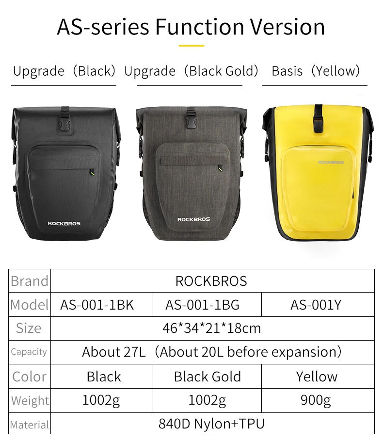 ROCKBROS Waterproof Bike Bag 27L Large Capacity Bicycle Bag Mountain Bike Saddle Rack Trunk Bags Luggage Carrier Bike Accessorie