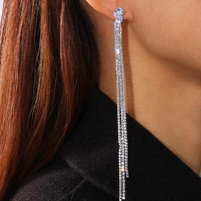 Stonefans Luxury Cubic Zirconia Long Tassel Earrings for Women Bridal Vintage Drop Dangling Earrings Unique Wedding Jewelry Gift