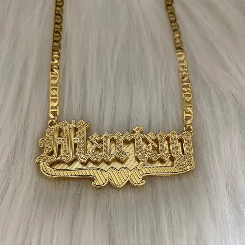 Personalized Name Plate Necklace With Heart Custom 3D Nameplate Pendant Stainless Steel Jewelry Gift For Women Name Necklace