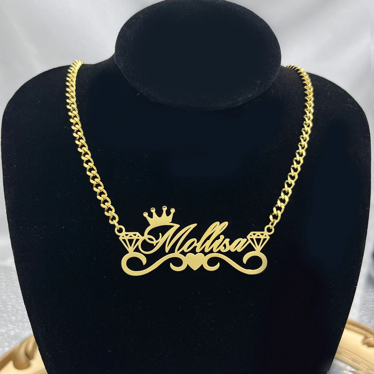 Custom Name Necklace with Crown Personalized Cuban Chain Necklace Stainless Steel Nameplate Necklace for Women Gift