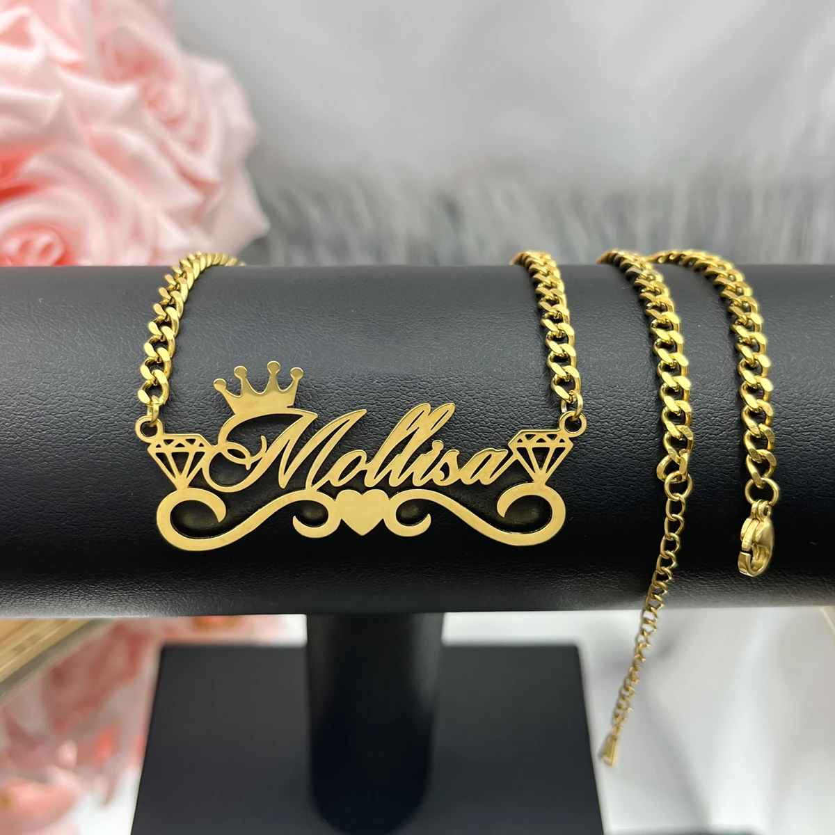 Custom Name Necklace with Crown Personalized Cuban Chain Necklace Stainless Steel Nameplate Necklace for Women Gift
