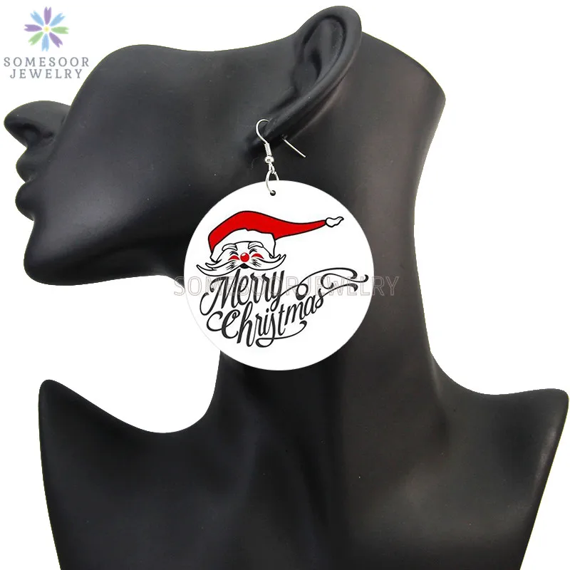 SOMESOOR Cute Santa Baby Elk Wooden Drop Earrings Jewelry For Women Girl Gifts Christmas Holiday New Year Wood Loops Ear Dangle