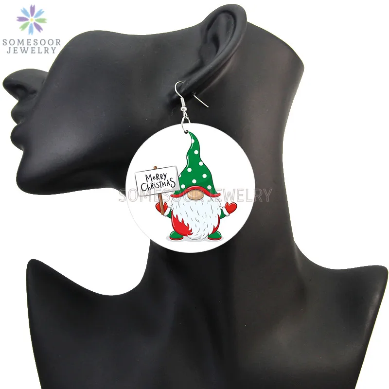 SOMESOOR Cute Santa Baby Elk Wooden Drop Earrings Jewelry For Women Girl Gifts Christmas Holiday New Year Wood Loops Ear Dangle