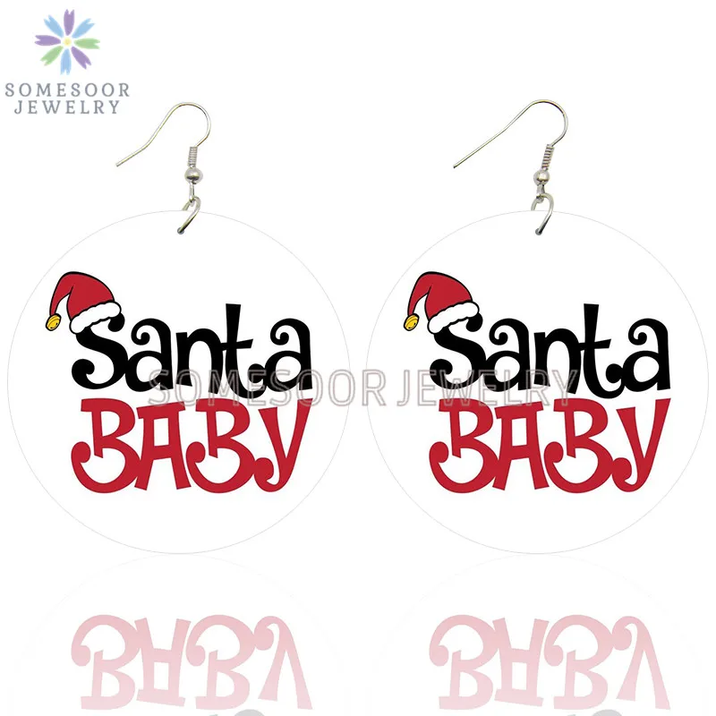 SOMESOOR Cute Santa Baby Elk Wooden Drop Earrings Jewelry For Women Girl Gifts Christmas Holiday New Year Wood Loops Ear Dangle