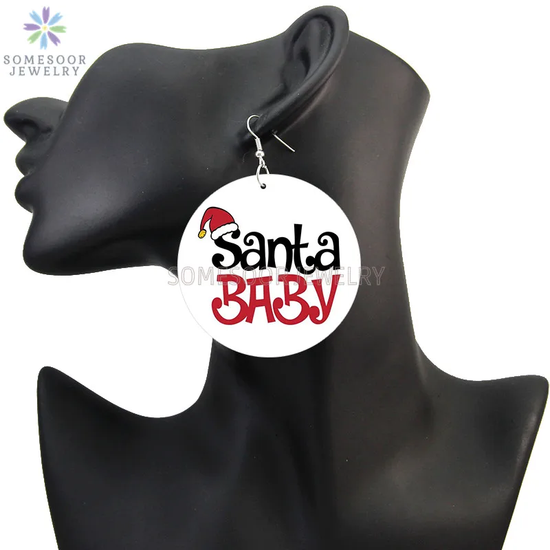 SOMESOOR Cute Santa Baby Elk Wooden Drop Earrings Jewelry For Women Girl Gifts Christmas Holiday New Year Wood Loops Ear Dangle