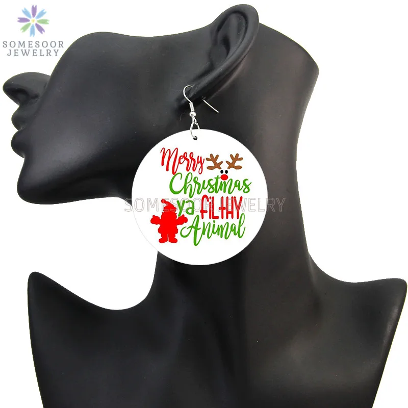 SOMESOOR Cute Santa Baby Elk Wooden Drop Earrings Jewelry For Women Girl Gifts Christmas Holiday New Year Wood Loops Ear Dangle