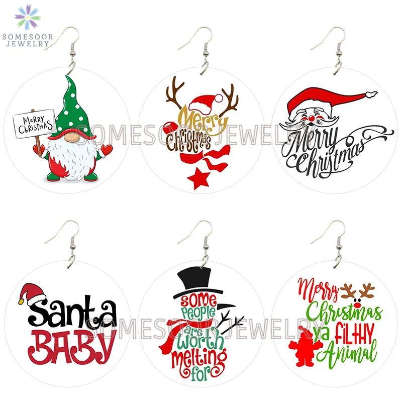 SOMESOOR Cute Santa Baby Elk Wooden Drop Earrings Jewelry For Women Girl Gifts Christmas Holiday New Year Wood Loops Ear Dangle