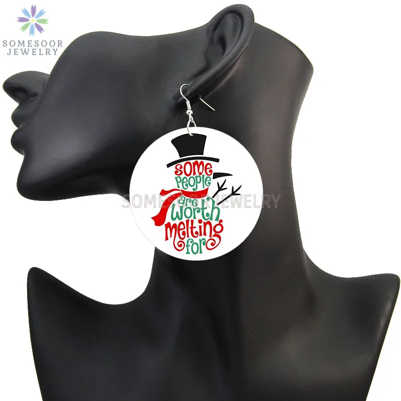 SOMESOOR Cute Santa Baby Elk Wooden Drop Earrings Jewelry For Women Girl Gifts Christmas Holiday New Year Wood Loops Ear Dangle