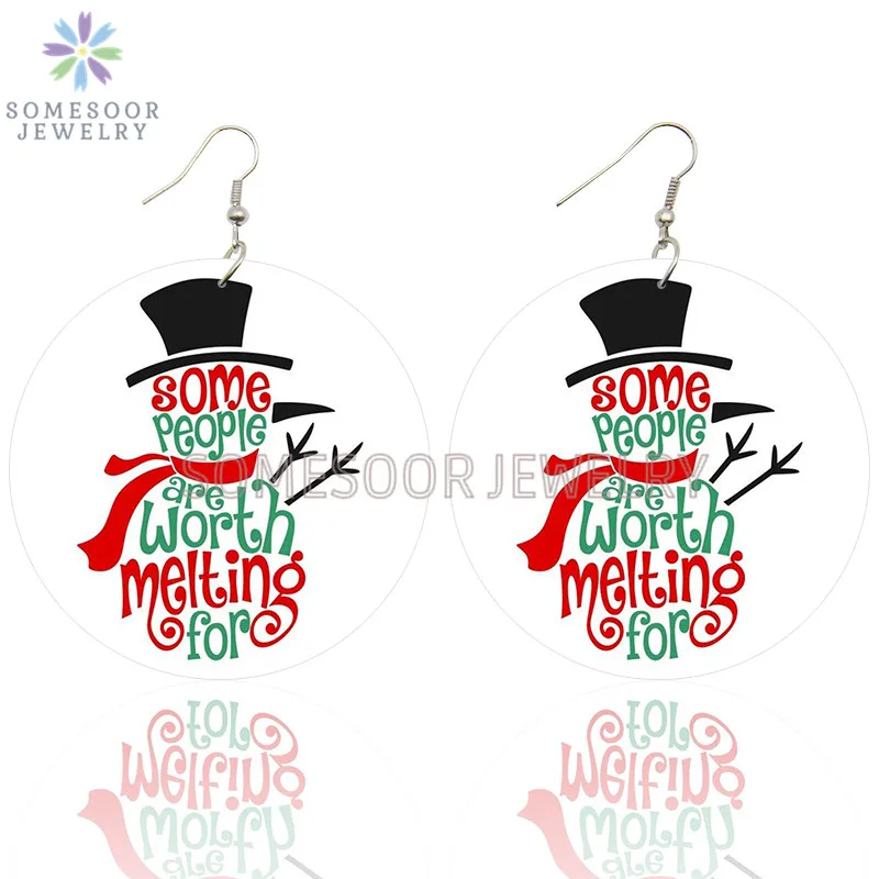 SOMESOOR Cute Santa Baby Elk Wooden Drop Earrings Jewelry For Women Girl Gifts Christmas Holiday New Year Wood Loops Ear Dangle