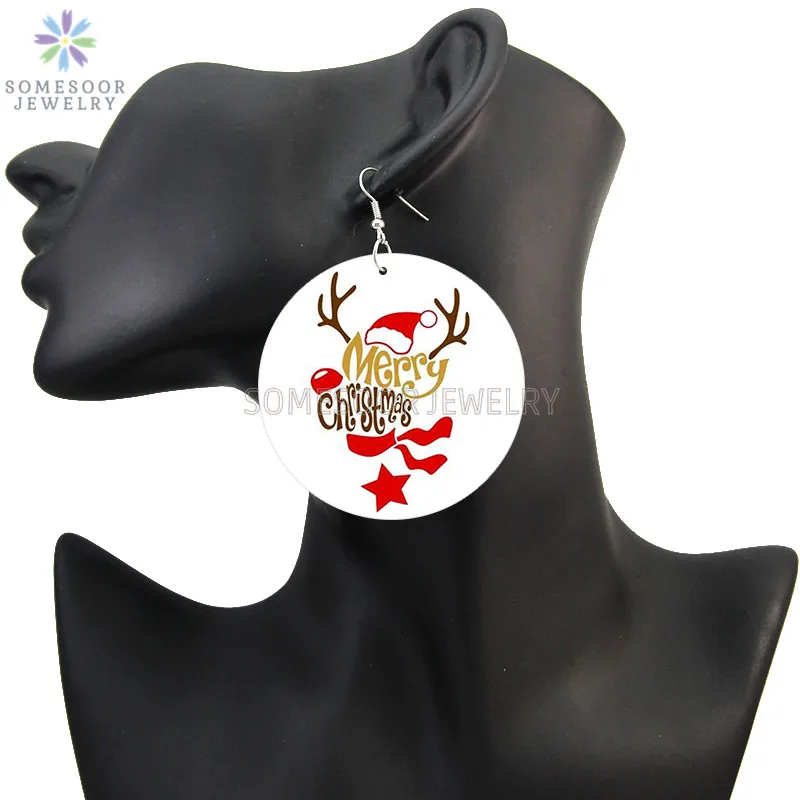 SOMESOOR Cute Santa Baby Elk Wooden Drop Earrings Jewelry For Women Girl Gifts Christmas Holiday New Year Wood Loops Ear Dangle