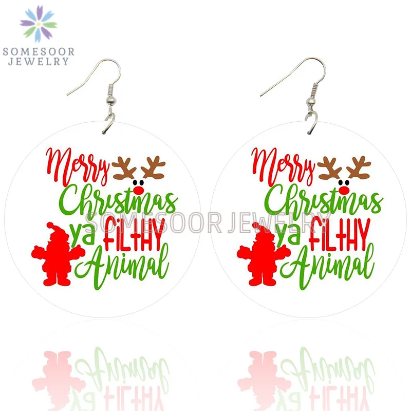 SOMESOOR Cute Santa Baby Elk Wooden Drop Earrings Jewelry For Women Girl Gifts Christmas Holiday New Year Wood Loops Ear Dangle