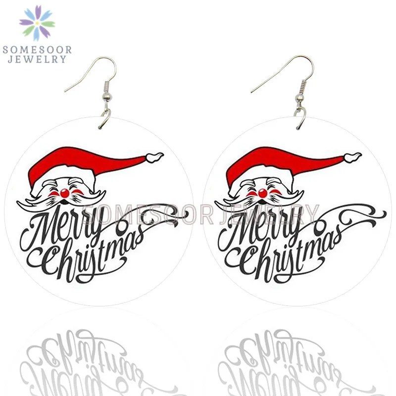 SOMESOOR Cute Santa Baby Elk Wooden Drop Earrings Jewelry For Women Girl Gifts Christmas Holiday New Year Wood Loops Ear Dangle