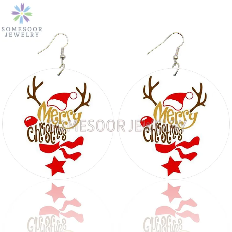 SOMESOOR Cute Santa Baby Elk Wooden Drop Earrings Jewelry For Women Girl Gifts Christmas Holiday New Year Wood Loops Ear Dangle