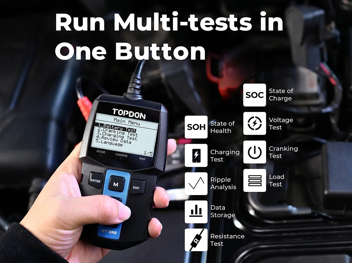 TOPDON BT100 12V Car Battery Tester Digital Automotive Diagnostic Battery Tester Analyzer Vehicle Cranking Charging Scanner Tool