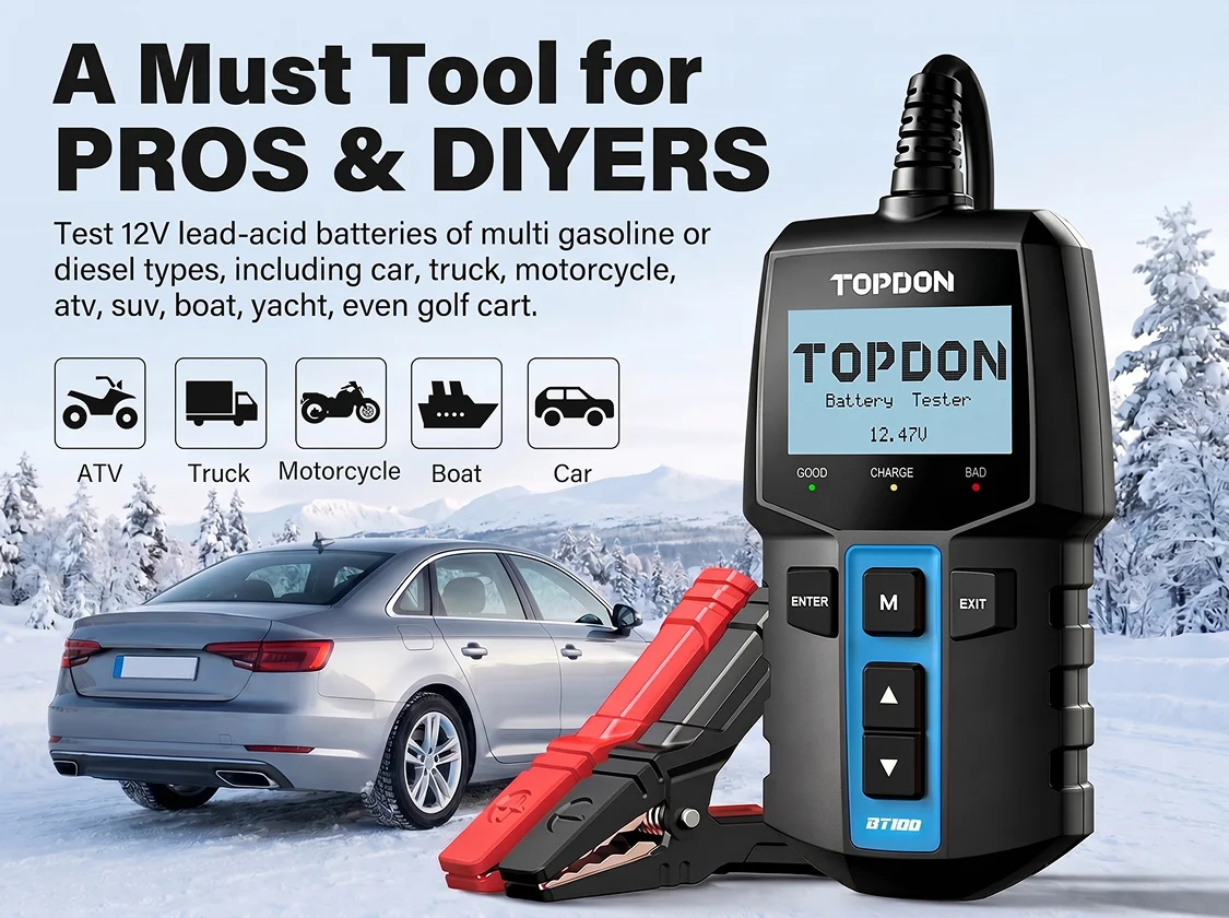 TOPDON BT100 12V Car Battery Tester Digital Automotive Diagnostic Battery Tester Analyzer Vehicle Cranking Charging Scanner Tool