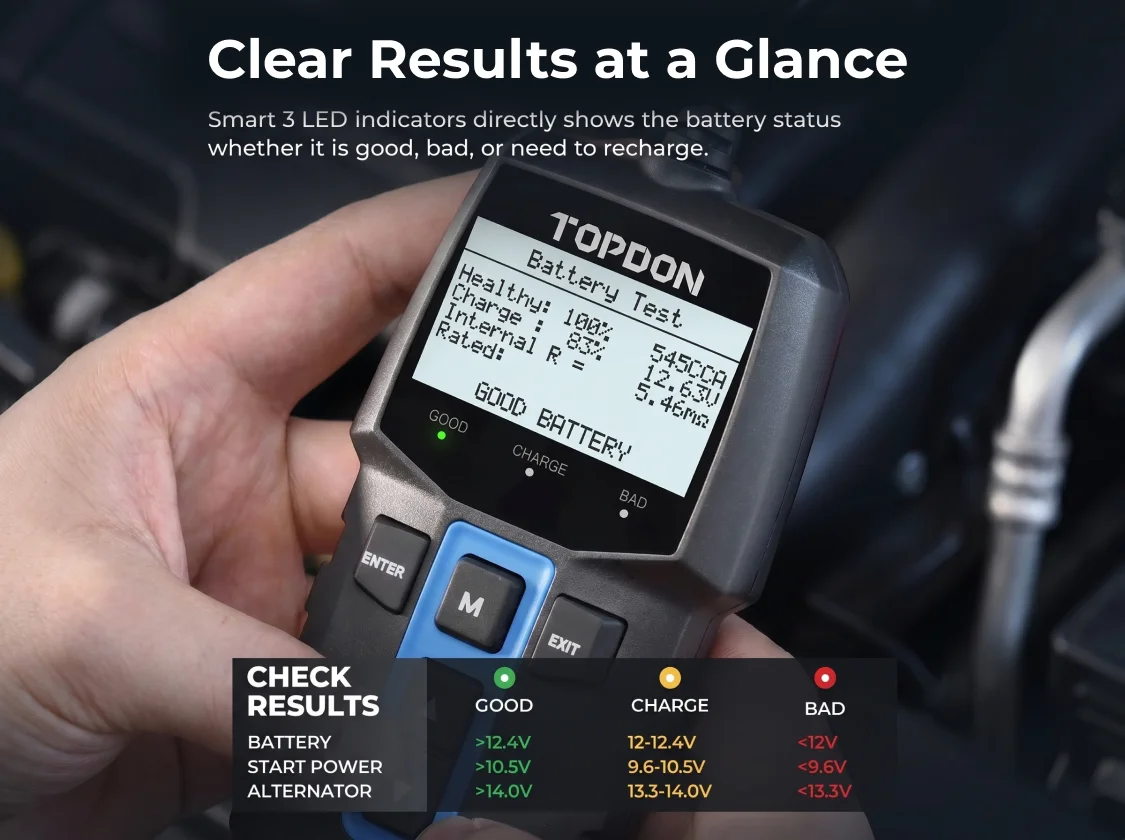 TOPDON BT100 12V Car Battery Tester Digital Automotive Diagnostic Battery Tester Analyzer Vehicle Cranking Charging Scanner Tool