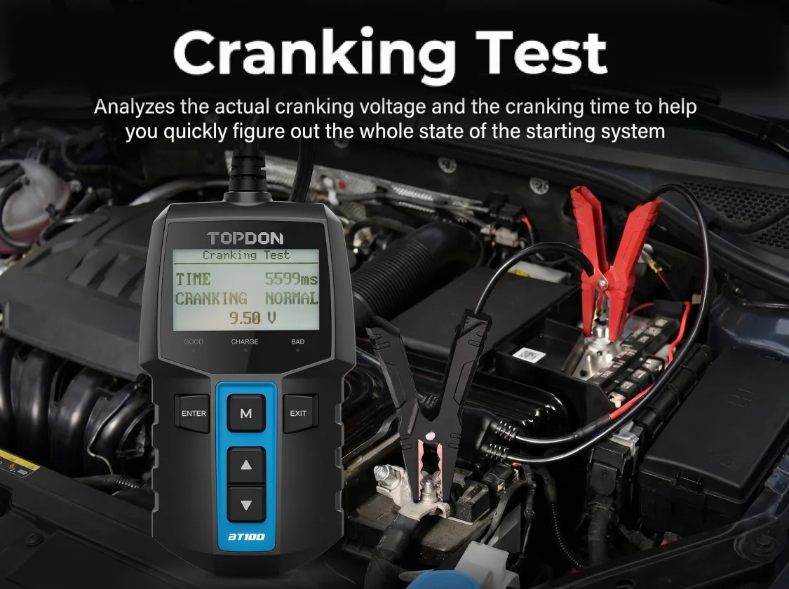 TOPDON BT100 12V Car Battery Tester Digital Automotive Diagnostic Battery Tester Analyzer Vehicle Cranking Charging Scanner Tool