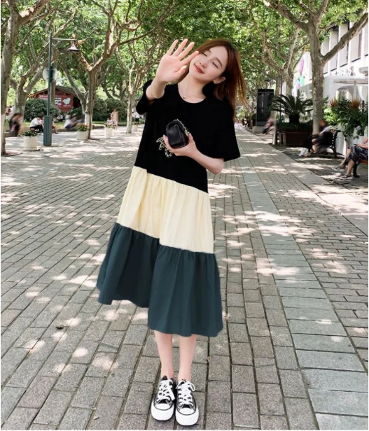 Pregnant Summer Maternity Clothes Green Beige Short Sleeve O-neck Drawstring Waist Pregnant Woman Ball Gown Dress Chiffon Dress
